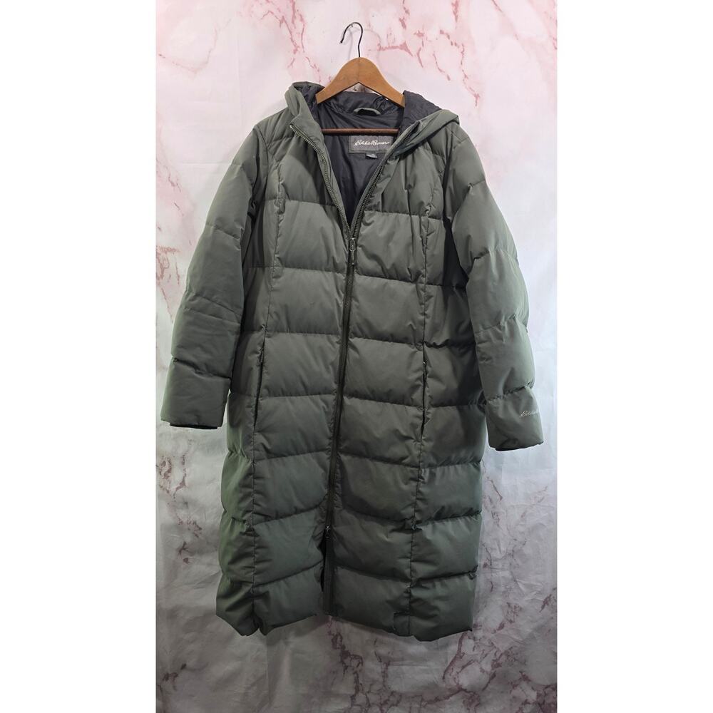Eddie Bauer Down Coat Women XXL Green Puffer Parka Hooded Long Midi Glacier Peak